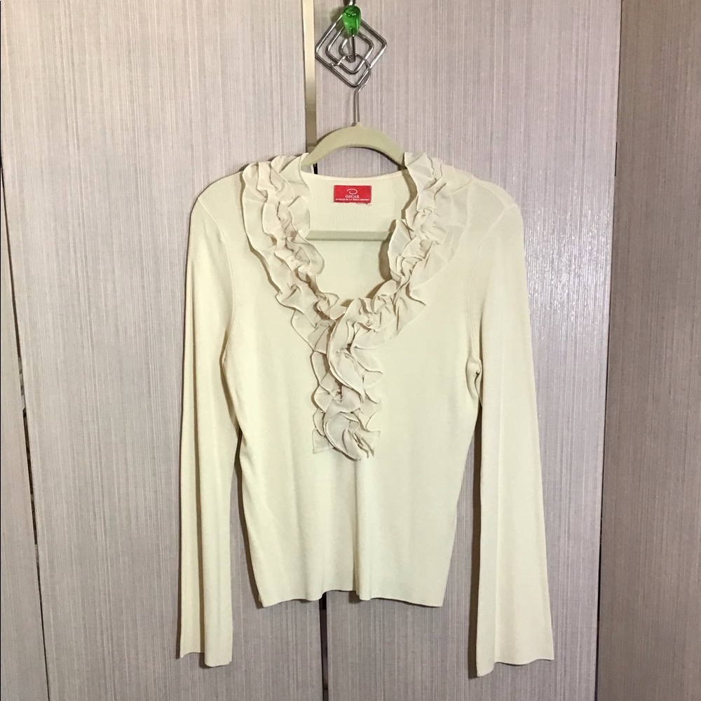 Oscar De La Renta Knit Ribbed Ruffle Shirt
